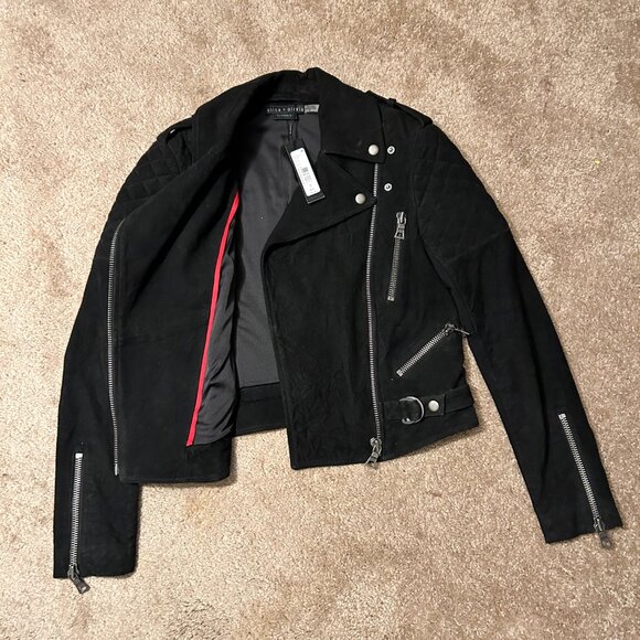 Alice + Olivia Quilted, Suede Goat Leather Biker Jacket, S - Picture 5 of 10